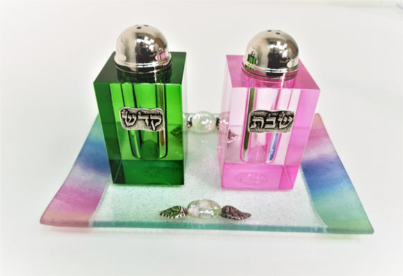 Crystal Green & Pink Cube Salt & Pepper Set with Tray