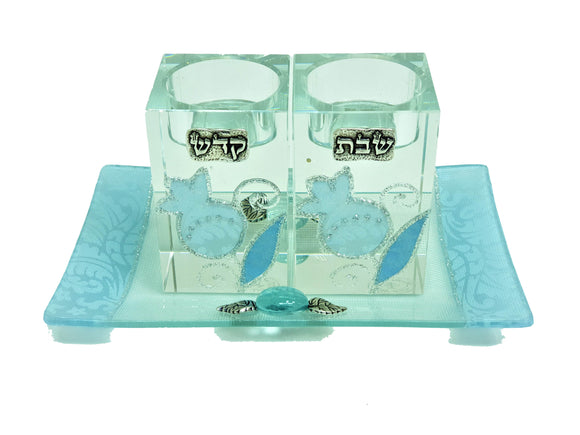 Crystal Pale Blue Pomegranate Cube Candlesticks with Tray