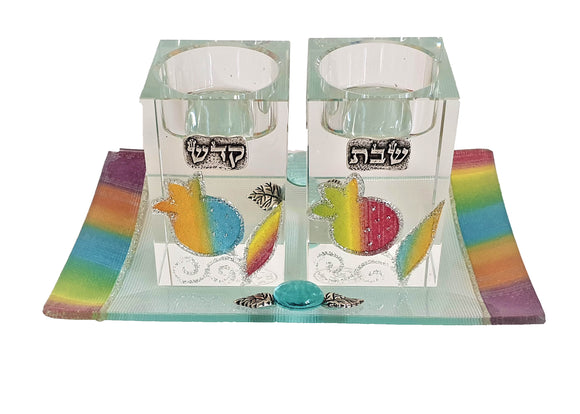 Crystal Multicolored Pomegranate Cube Candlesticks with Tray