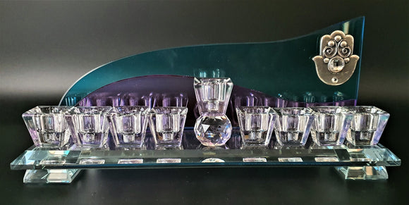 Crystal Menorah with Blue, Purple & Pewter Hamsa Backing