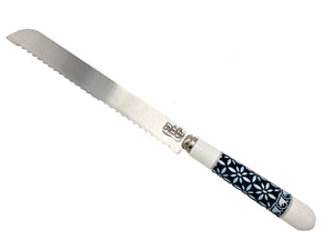 Challah Knife with White Ceramic Handle "Shabbat" on Blade - Blue