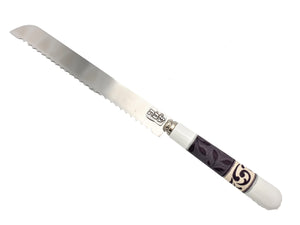 Challah Knife with White Ceramic Handle "Shabbat" on Blade - Purple