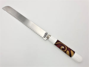 Challah Knife with White Ceramic Handle "Shabbat" on Blade - Brown