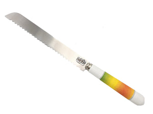Challah Knife with White Ceramic Handle "Shabbat" on Blade - Watercolor Orange