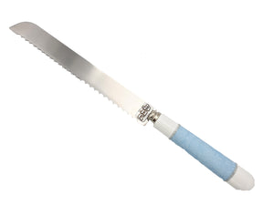 Challah Knife with White Ceramic Handle "Shabbat" on Blade - Watercolor Pale Blue