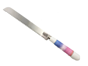 Challah Knife with White Ceramic Handle "Shabbat" on Blade - Watercolor Pink