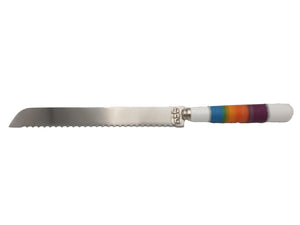 Challah Knife with White Ceramic Handle "Shabbat" on Blade - Watercolor Multicolored