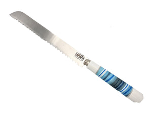 Challah Knife with White Ceramic Handle "Shabbat" on Blade - Watercolor Blue