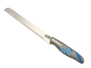 Challah Knife with Aluminum Handle "Shabbat" on Blade - Blue Pomegranate