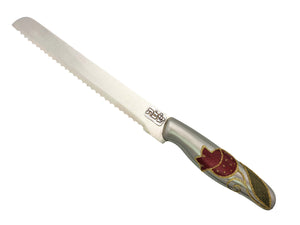 Challah Knife with Aluminum Handle "Shabbat" on Blade - Red Pomegranate