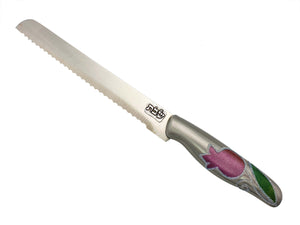 Challah Knife with Aluminum Handle "Shabbat" on Blade - Pink Pomegranate