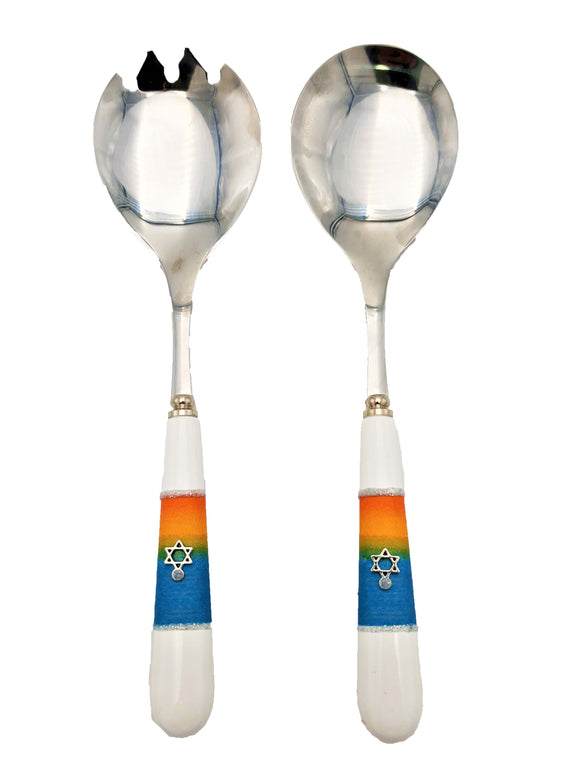 Set Salad Spoons with Decorated Ceramic Handle - Blue & Orange