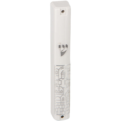 Plastic Mezuzah with Rubber Cork 12 cm-White with Silver 