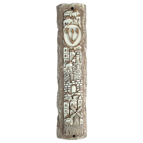 Polyresin Stonelike Mezuzah 12cm- Jerusalem Motif