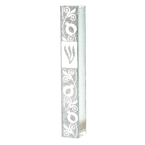 Glass Mezuzah with Silicon Seal15cm- Pomegranate Motif in Silver