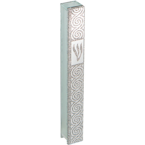 Glass Mezuzah with Silicon Seal 15cm- with Ornate Silver Design