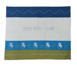 Linen Challah Cover with Pomegranates 50 x 40 - Blue