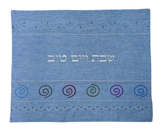 Linen Challah Cover with Spirals 50 x 40 - Pale Blue & Brown II