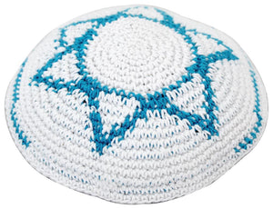 Knitted Kippah 17 cm - White with Light Blue Stipes around and Big Star of David Embroidery
