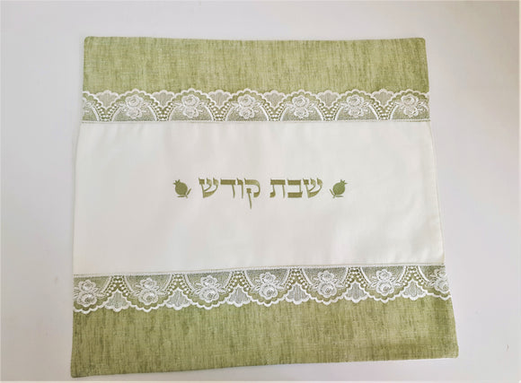 White Linen Challah Cover 52 x 45 - Green