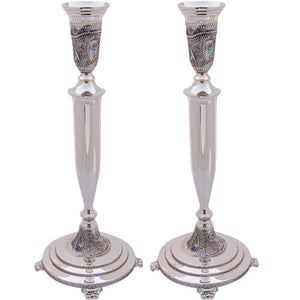 Nickel Silver Candlesticks 31 cm- Diamond Design with Filigree and Stones
