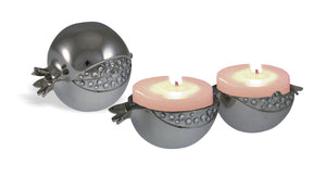 Nickel Travel Size Candlesticks- Pomegranate Motif with Decorative White Stones