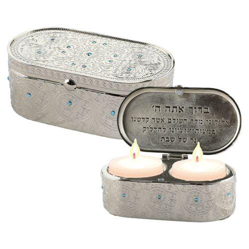 Nickel Travel Size Candlesticks in a Box with cover inlaid with Light Blue Stones 4X9 cm- 