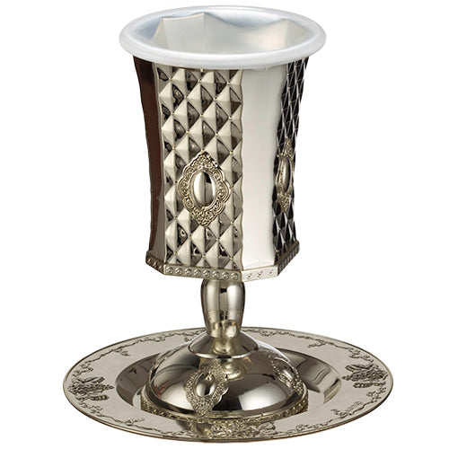 Silver Plated Pewter Kiddush Cup 15cm, with Ornate Design - with Stem - Dark
