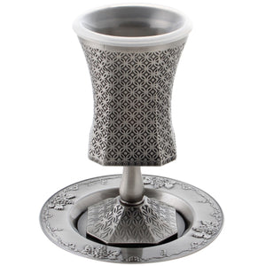 Pewter Kiddush Cup 15cm, with Ornate Design - with Stem - II