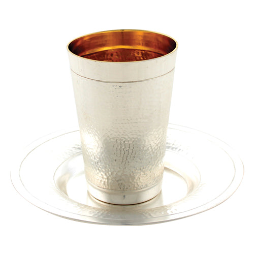Fine-Hammered Silver Plated Kiddush Cup 10 cm, with Saucer- Stemless