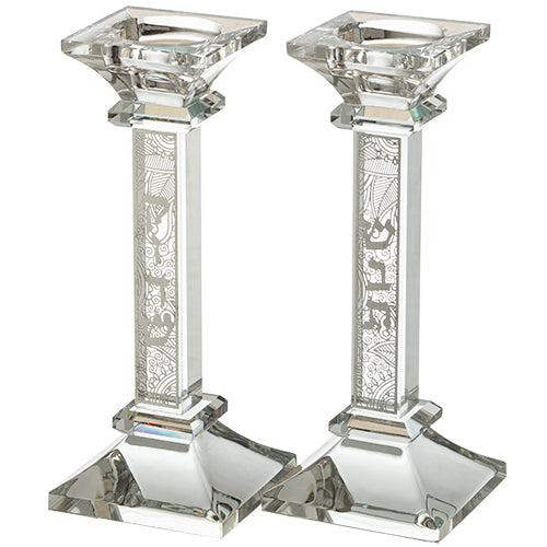 Crystal Candlesticks 19 cm with Laser Cut Metal Plaque -Decorated with 