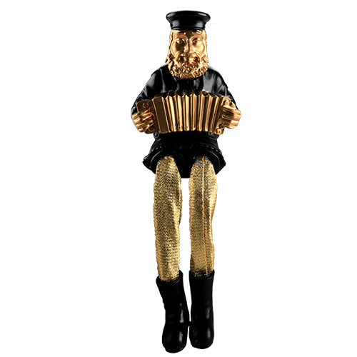Black Polyresin Hassidic Figurine with Golden Cloth Legs 23 cm- Accordion Player