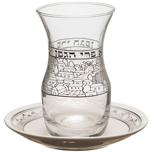 Glass Kiddush Cup 10 cm with Ceramic Saucer - Jerusalem