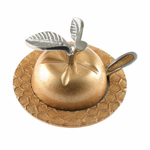 Gold Aluminum Apple Honey Dish with Spoon 9X12 cm