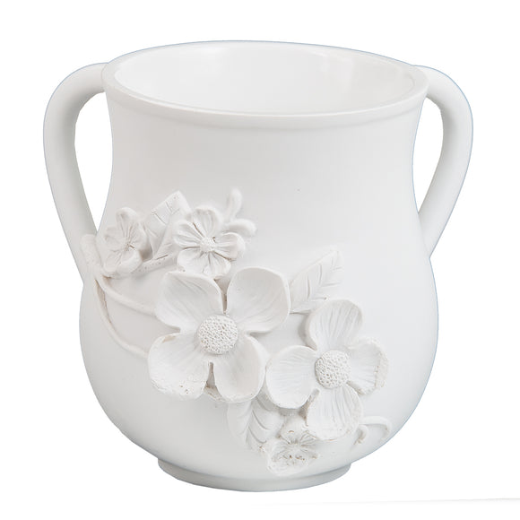 Elegant Polyresin Washing Cup 14 cm - White Flowers