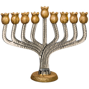 Hammered Aluminum Menorah 25 cm - Gold Pomegranate