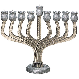 Hammered Aluminum Menorah 25 cm - Silver Pomegranate