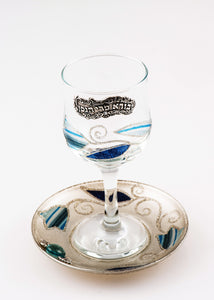 Crystal Kiddush Cup Set - Blue & Silver