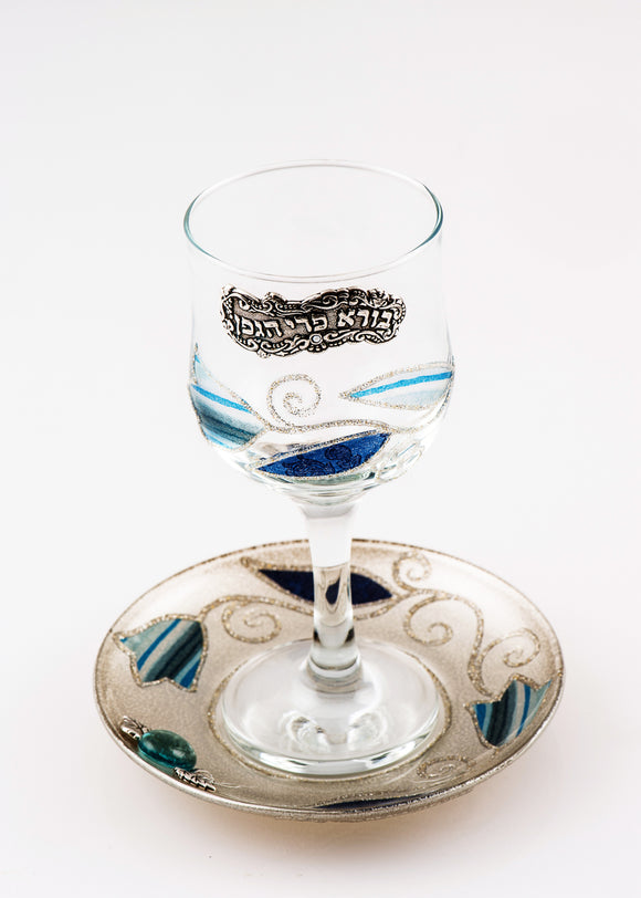 Crystal Kiddush Cup Set - Blue & Silver