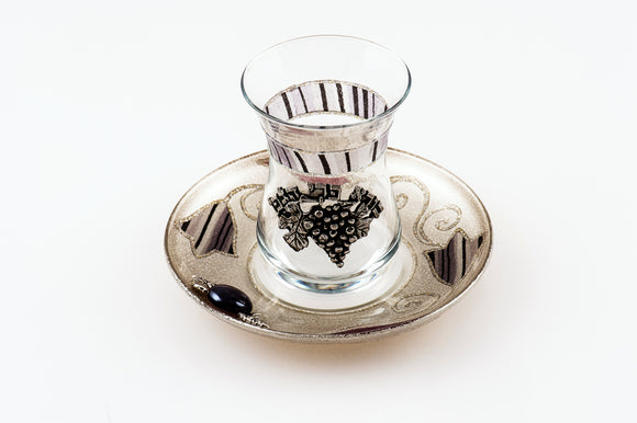 Crystal Kiddush Cup Set Decorated with Silver Grapes - Black & White