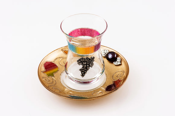 Crystal Kiddush Cup Set Decorated with Silver Grapes - Multicolored