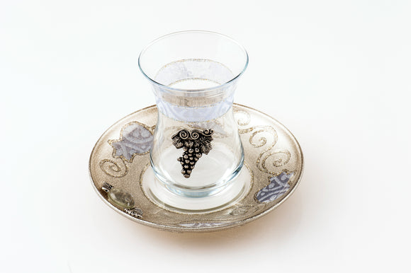 Crystal Kiddush Cup Set Decorated with Silver Grapes - White