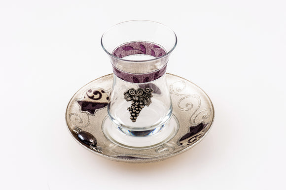 Crystal Kiddush Cup Set Decorated with Silver Grapes - Purple