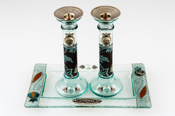Glass Candlesticks Set with Silver Pomegranates