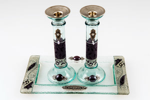 Glass Candlesticks Set with Silver Hamsas