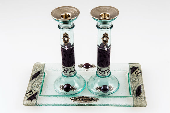 Glass Candlesticks Set with Silver Hamsas