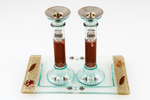 Glass Candlesticks Set with Silver "Shabbat Kodesh"