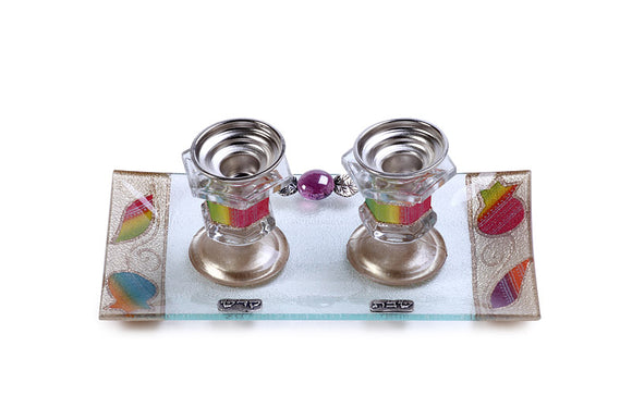 Short Crystal Candlesticks Set with Rectangular Tray - Multicolored II