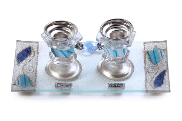 Short Crystal Candlesticks Set with Rectangular Tray - Blue