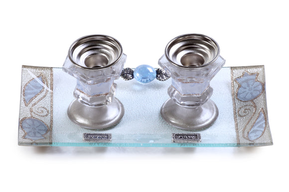 Short Crystal Candlesticks Set with Rectangular Tray - Pale Blue